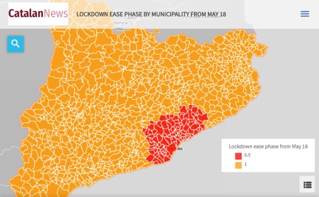 Map of Catalan municipalities by lockdown de-escalation phase from May 18 (by Guifré Jordan)